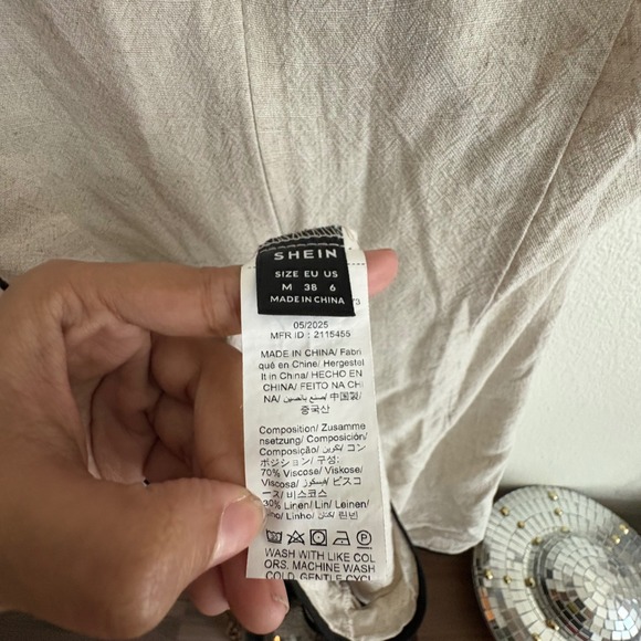 SHEIN Linen Blend Wrap Front Romper Cream Black Contrast Trim Size 6 M - Picture 8 of 8